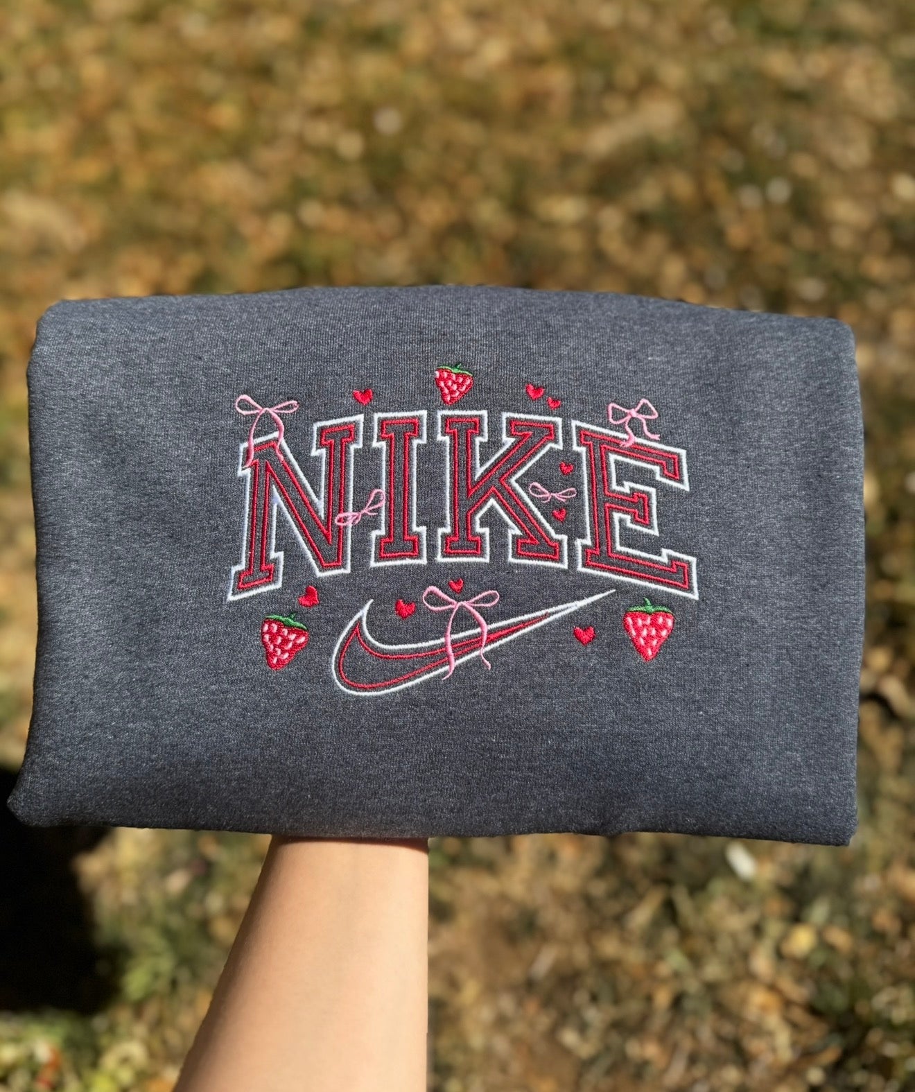 Embroidered Nike-Inspired Bow & Strawberry Sweatshirt – Dark Heather Grey Gildan